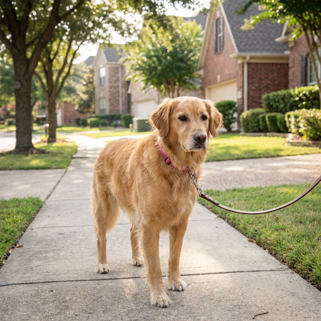 A photograph of a medium-sized female dog on a leash during a calm neighborhood walk