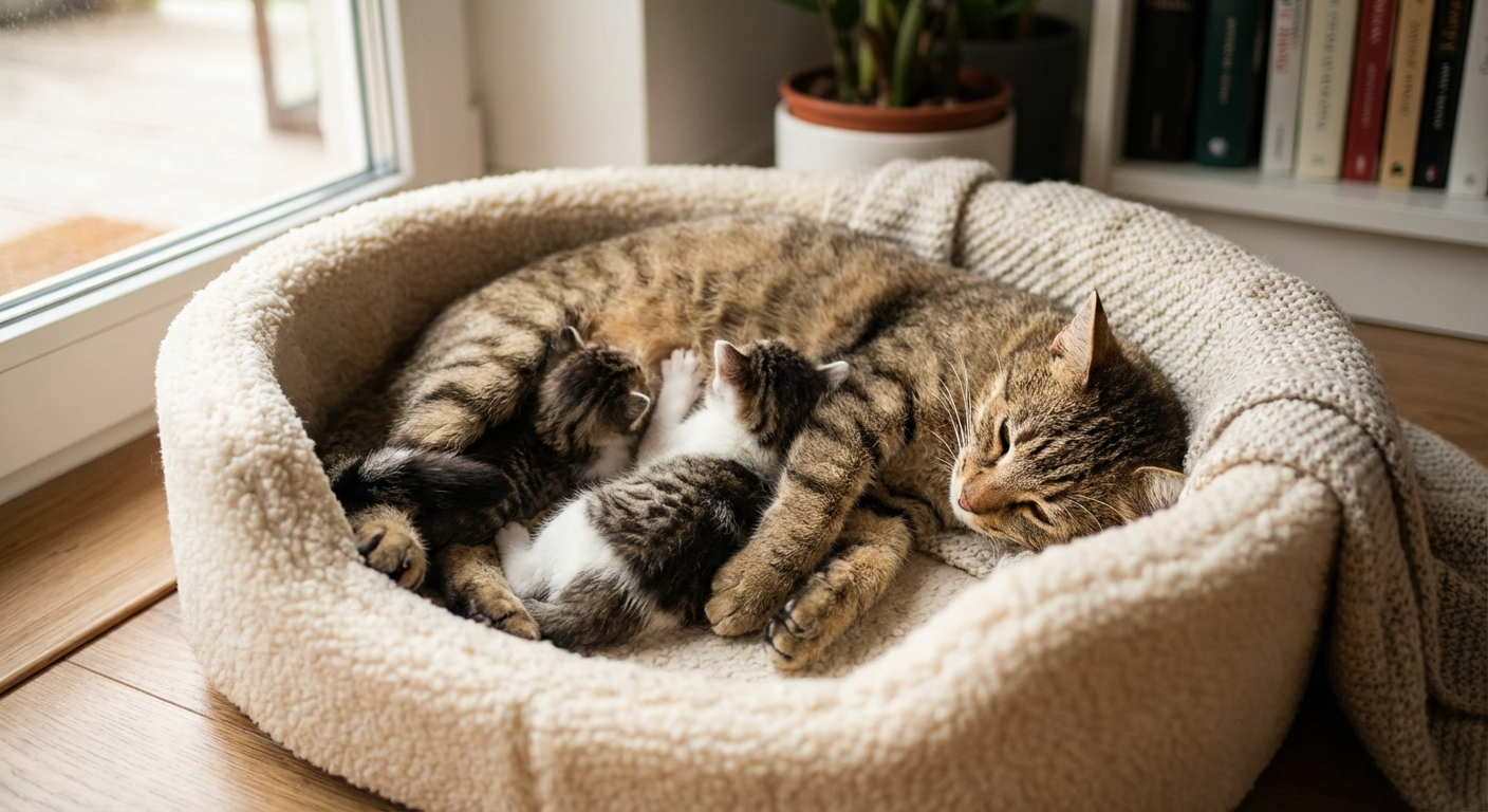 A photograph of a mother cat lying with nursing kittens in a cozy bed