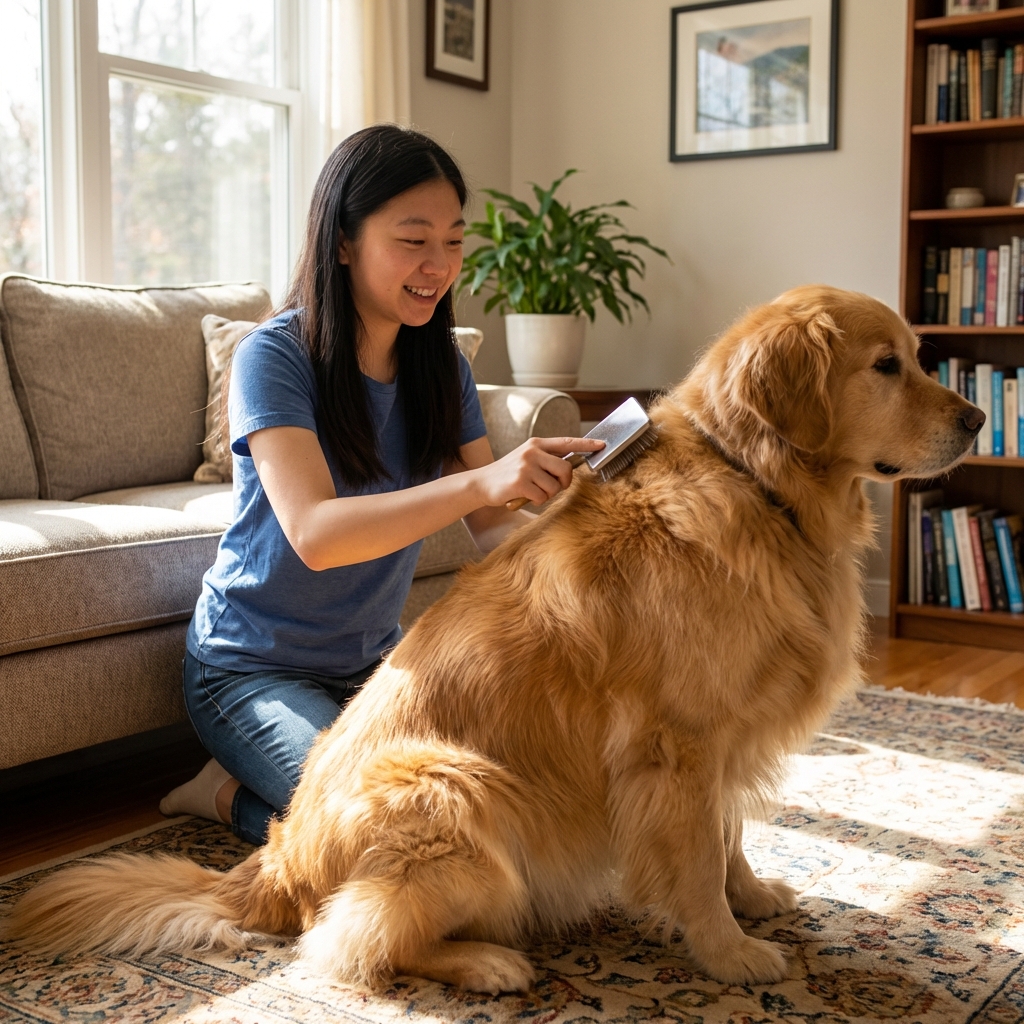A photograph of a person brushing a dog with a dense coat in a well-lit living room