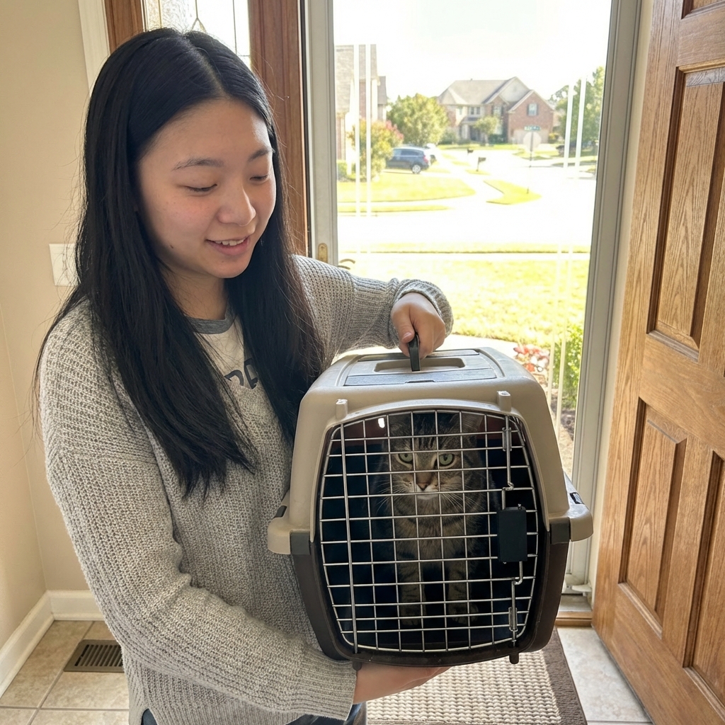 A photograph of a person calmly holding a cat carrier near a front door while a cat sits inside alert but quiet