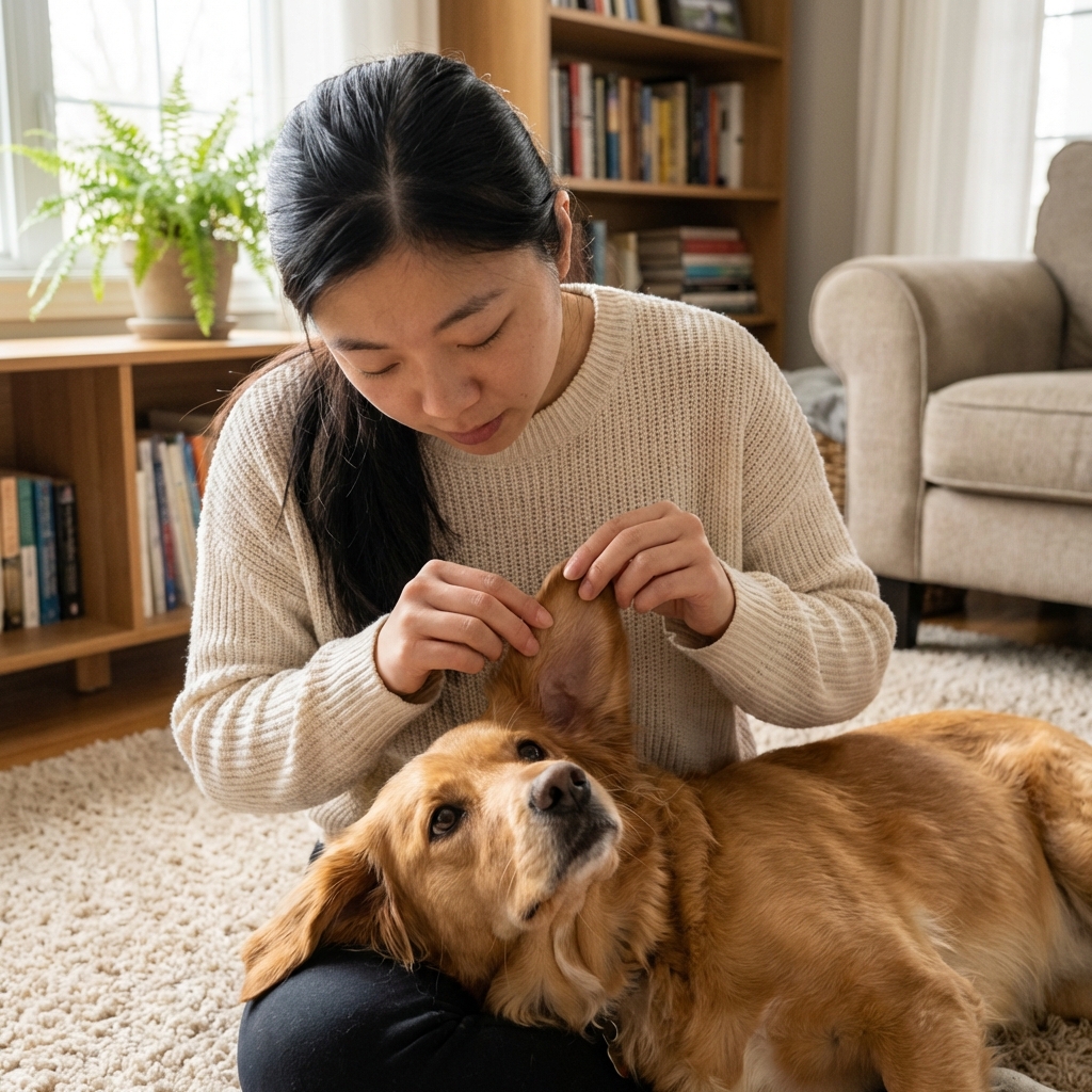 A photograph of a person checking a dog’s ear flap and hairline closely for ticks indoors under soft lighting