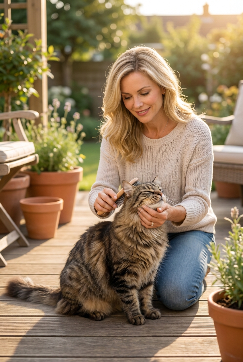 A photograph of a person gently brushing a cat outdoors on a patio while checking around the ears