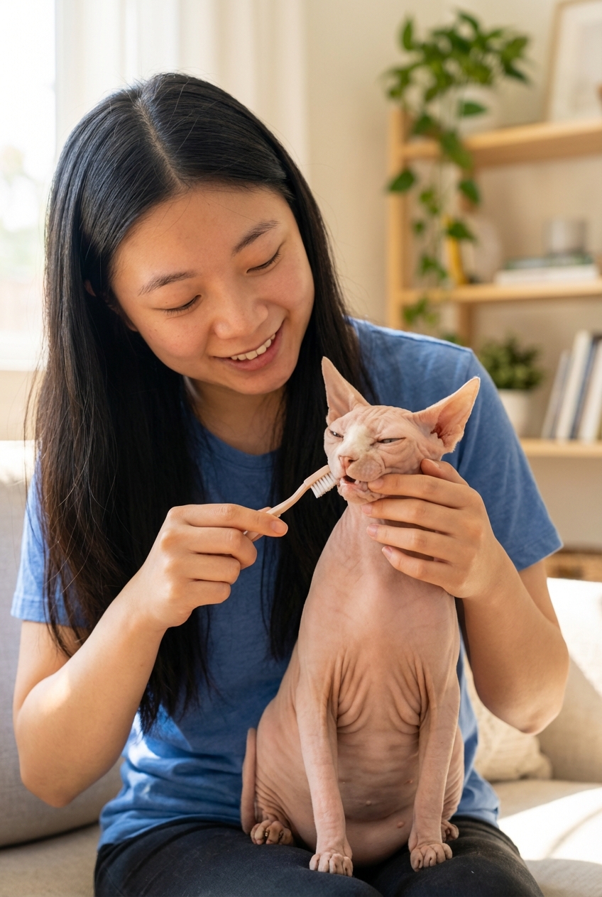 A photograph of a person gently brushing a hairless cat's teeth with a small pet toothbrush