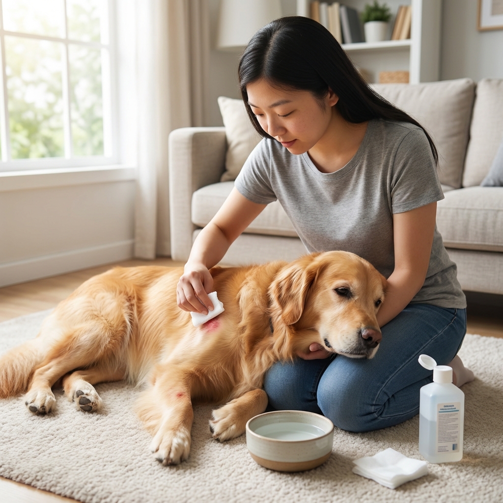 A photograph of a person gently cleaning a dog’s hot spot using gauze and a small bowl of cleaning solution