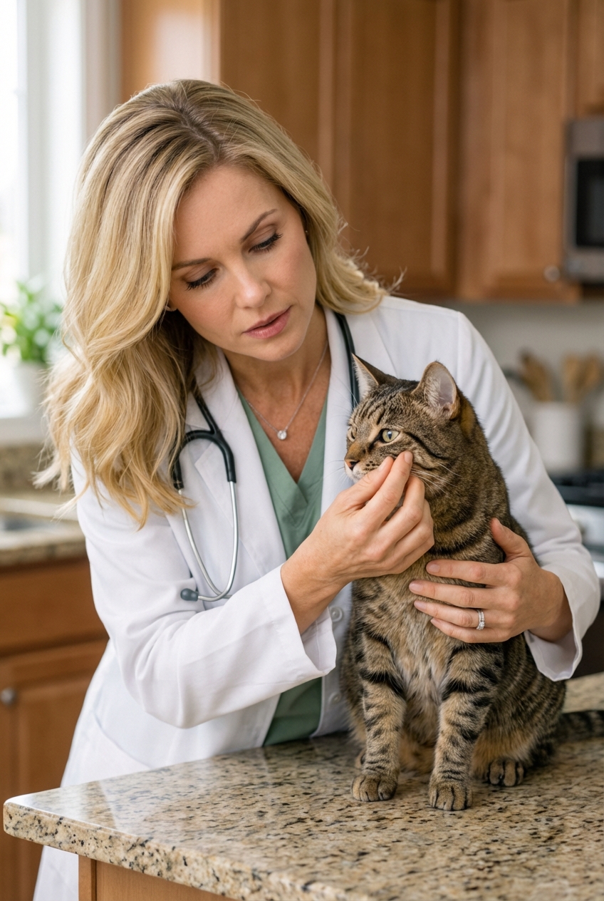 A photograph of a person gently holding a cat on a countertop while examining the cat’s face near the eye in soft indoor light