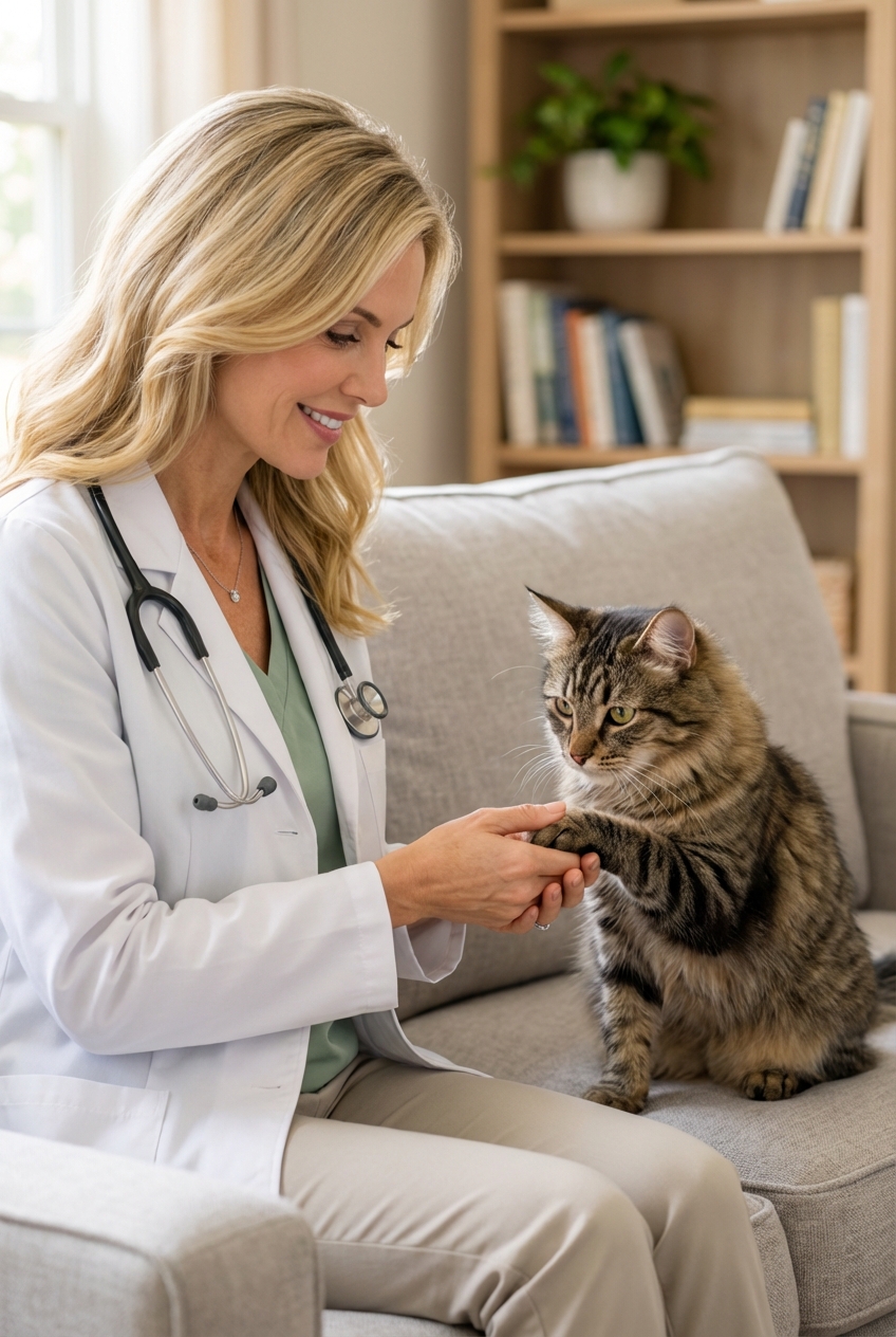 A photograph of a person gently holding a cat's front paw while sitting on a couch