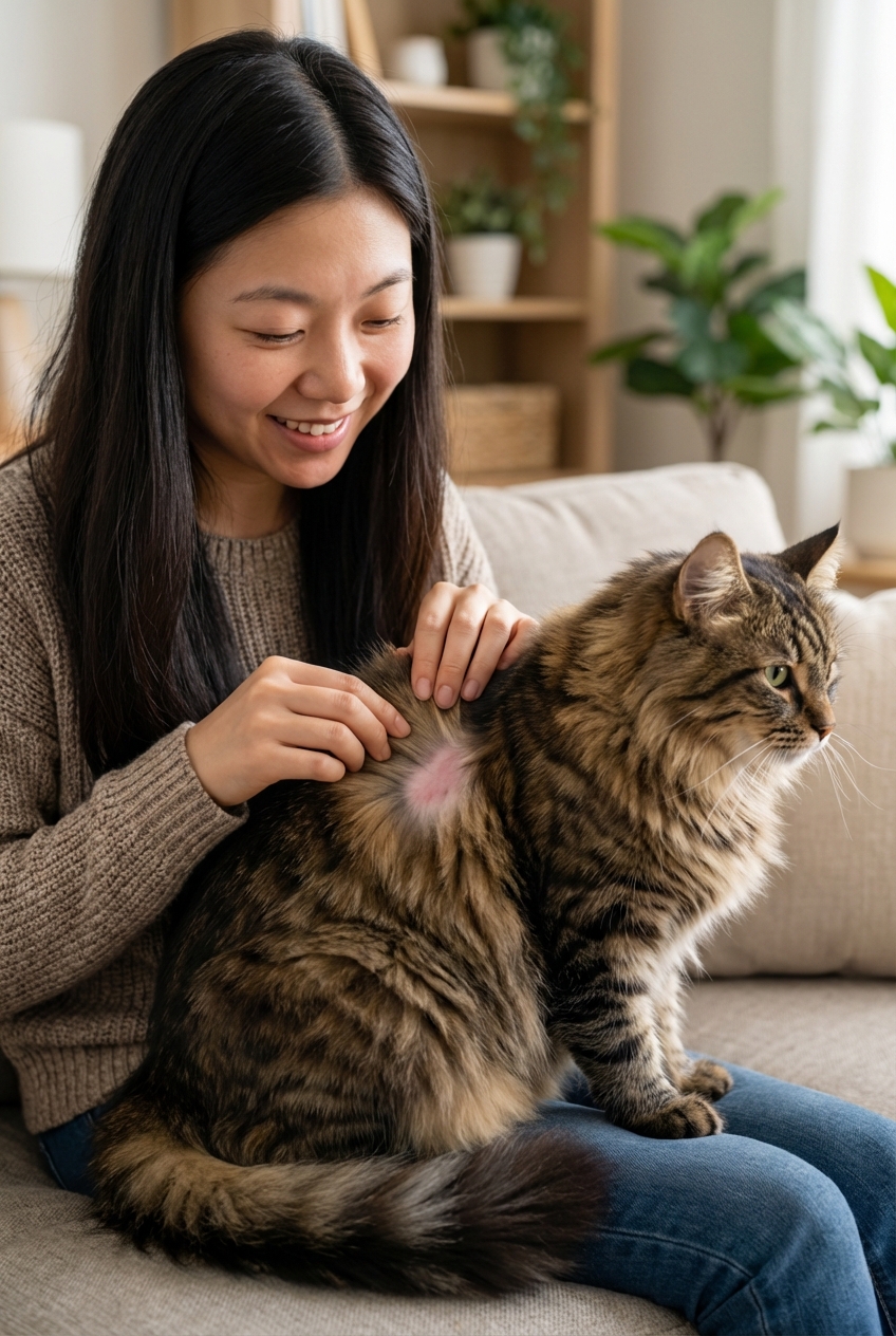 A photograph of a person gently parting a cat’s fur on the back to show the skin while the cat sits calmly on a couch