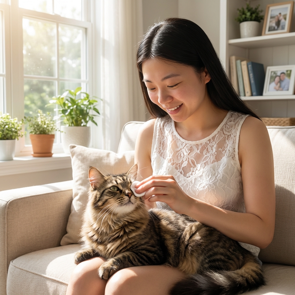 A photograph of a person gently wiping a cat’s eye with a soft cotton pad in a bright living room