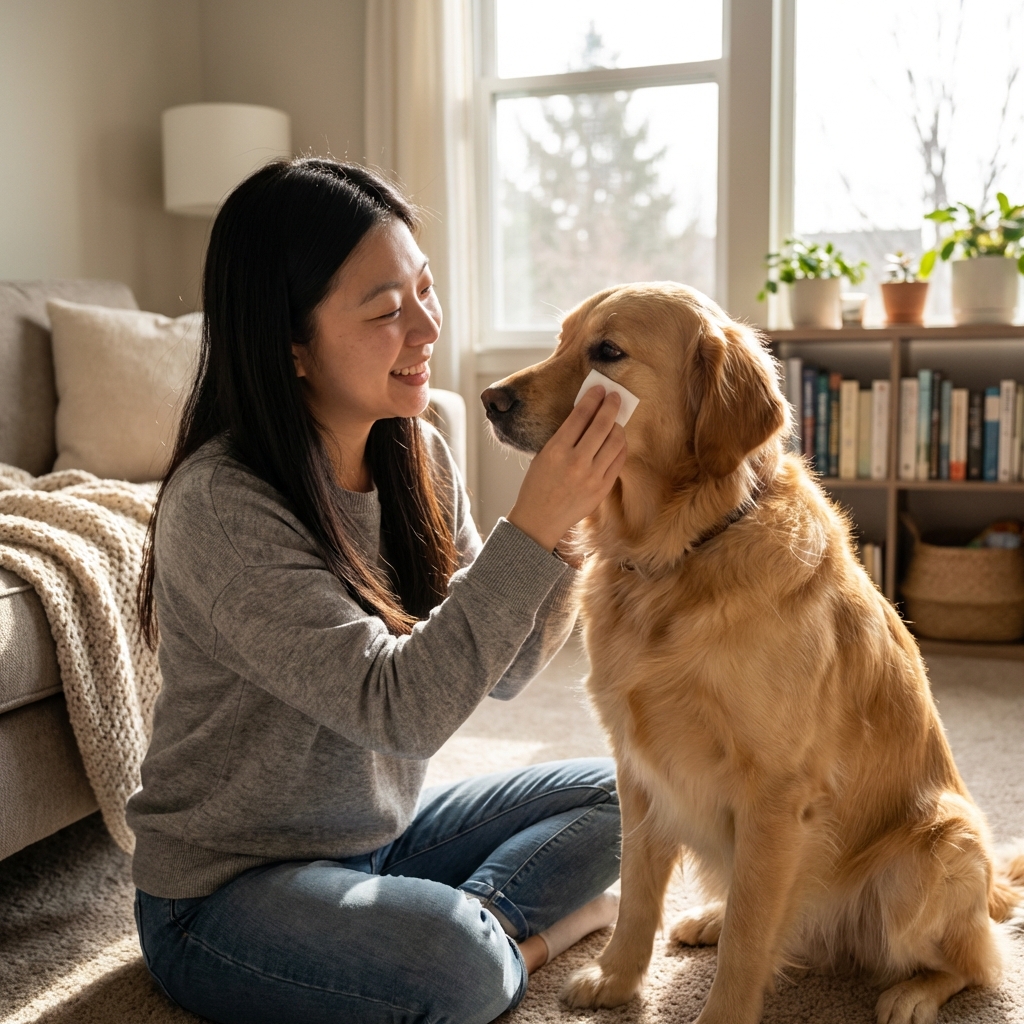 A photograph of a person gently wiping a dog’s eye corner with a soft cotton pad in a well-lit home environment