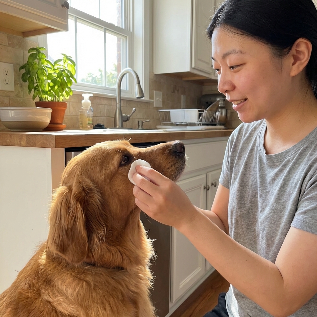 A photograph of a person gently wiping a dog’s inner eye corner with a clean cotton pad in a bright kitchen