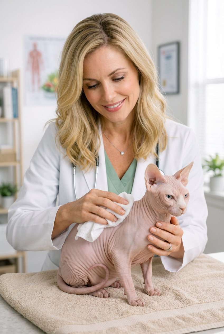 A photograph of a person gently wiping a hairless cat with a soft damp cloth on a towel-covered surface