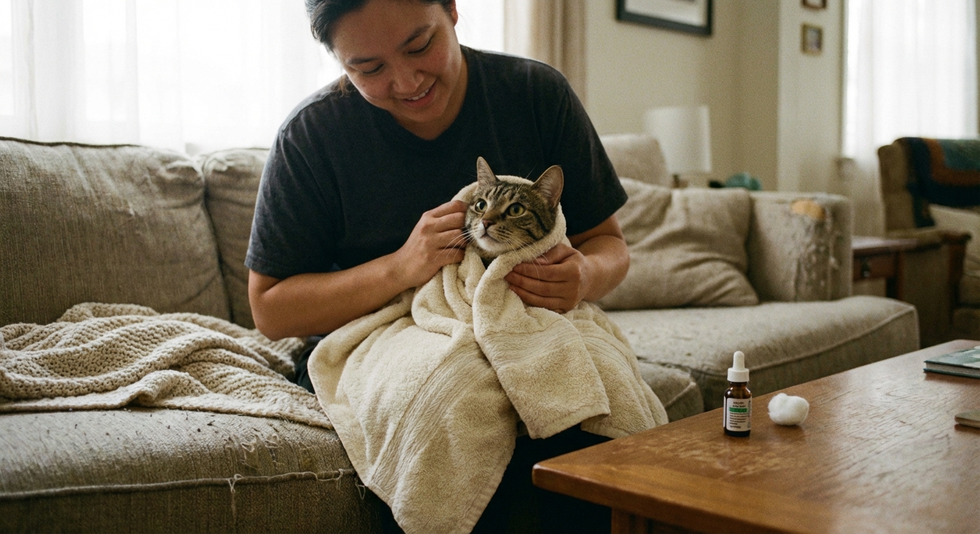 A photograph of a person gently wrapping a cat in a soft towel on a couch, preparing to administer ear medication