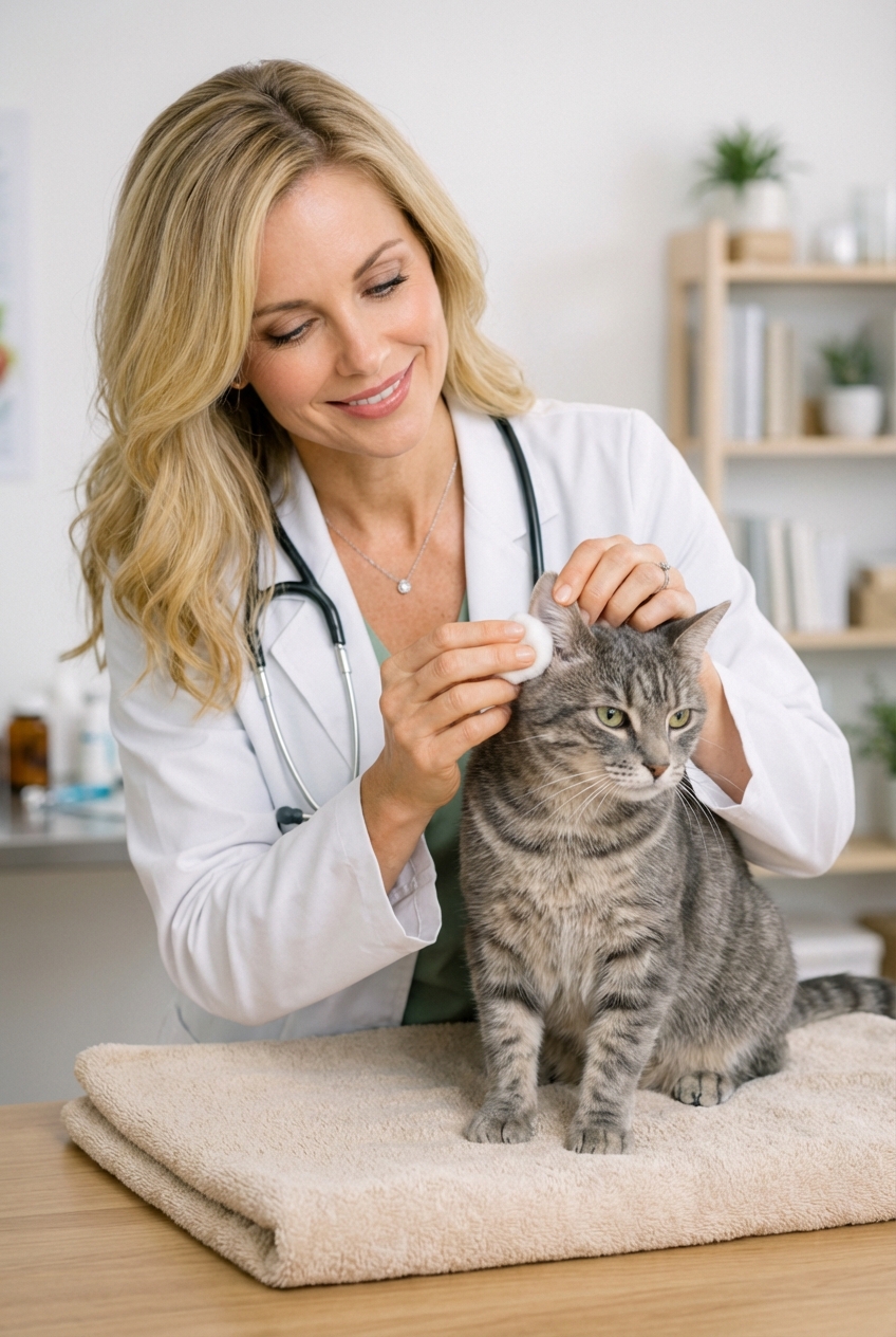 A photograph of a person holding a cotton ball and gently wiping a cat's outer ear while the cat sits on a towel