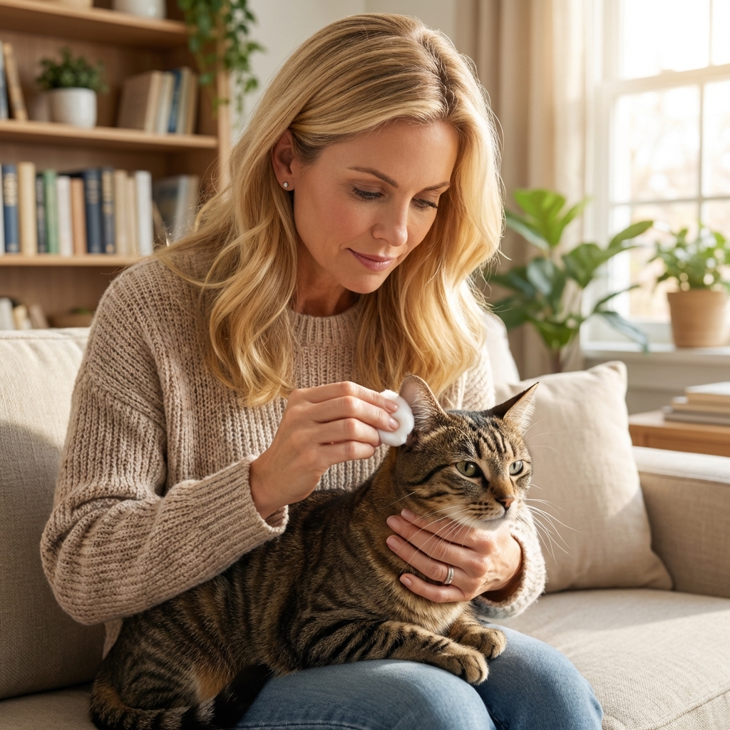 A photograph of a person holding a cotton ball and gently wiping the inside of a cat’s ear flap at home