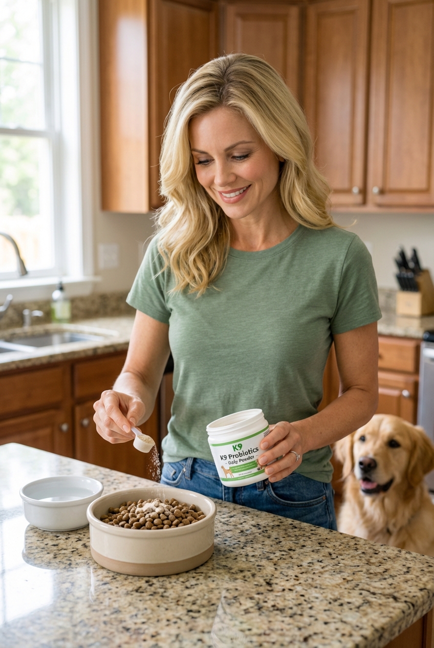 A photograph of a person holding a small container of dog probiotic powder next to a dog food bowl on a countertop