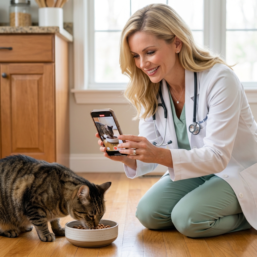 A photograph of a person holding a smartphone near a cat food bowl while the cat eats