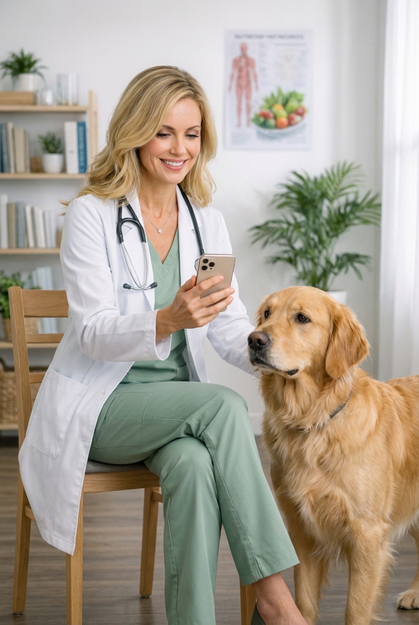 A photograph of a person holding a smartphone while their dog stands nearby indoors