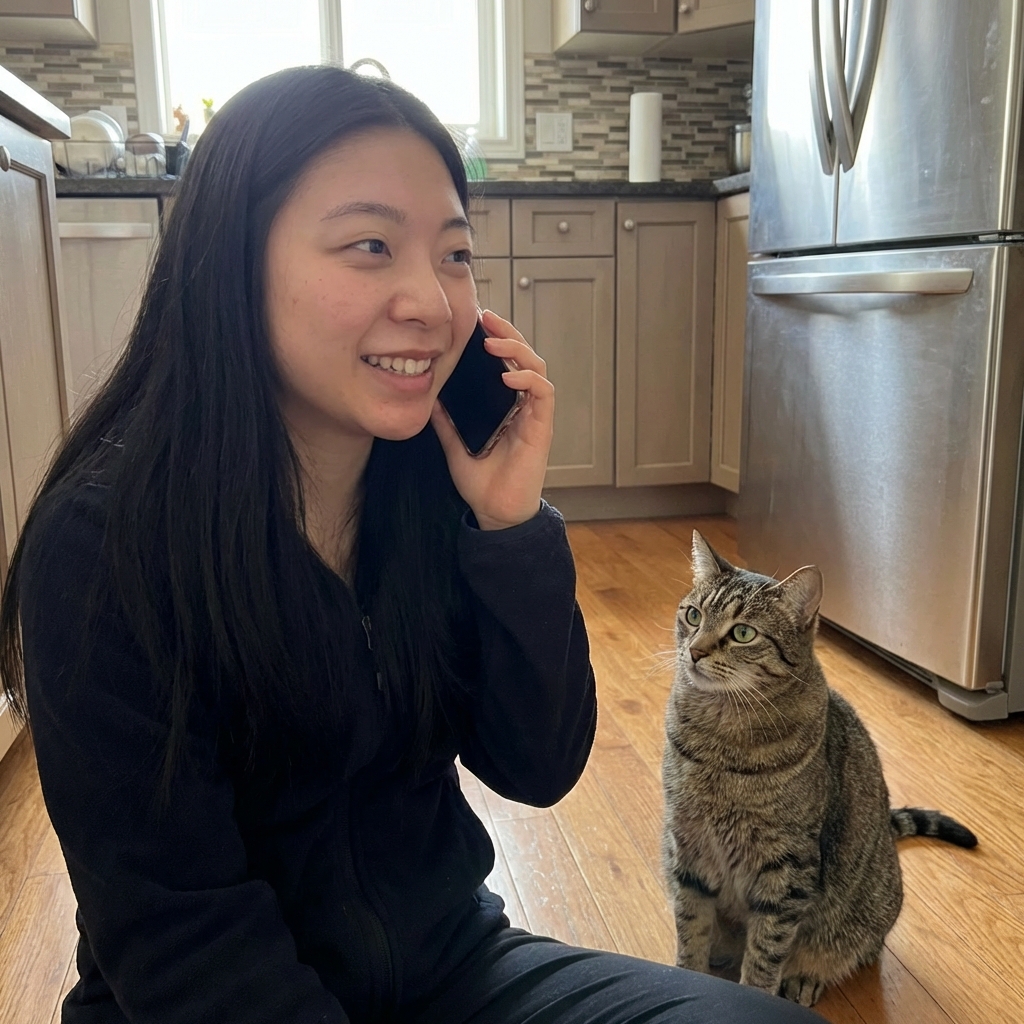 A photograph of a person holding a smartphone while speaking on the phone next to a calm cat sitting on a kitchen floor