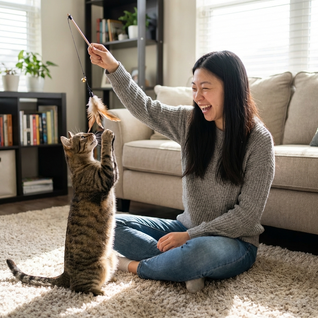 A photograph of a person holding a wand toy while a cat reaches up to bat at it in a living room