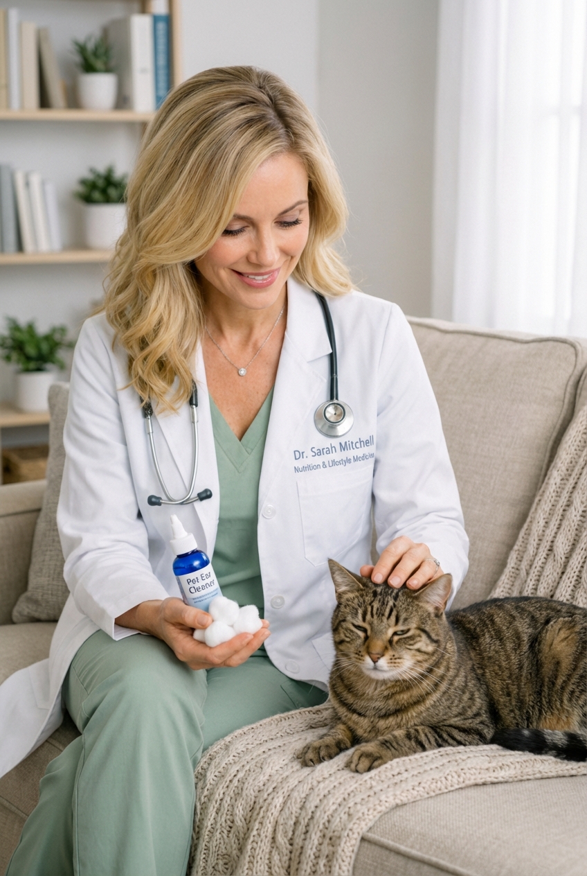 A photograph of a person holding cotton balls and a small bottle of pet ear cleaner next to a relaxed cat on a couch