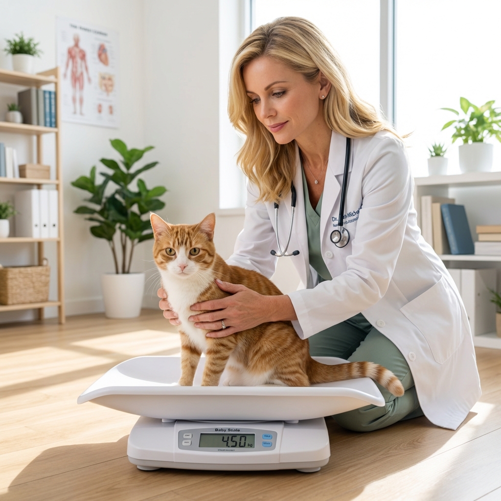 A photograph of a person measuring a cat's weight on a digital baby scale in a bright room