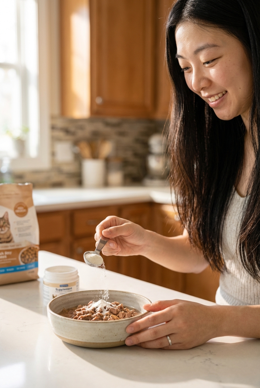 A photograph of a person measuring powdered supplement next to a bowl of prepared cat food on a kitchen counter