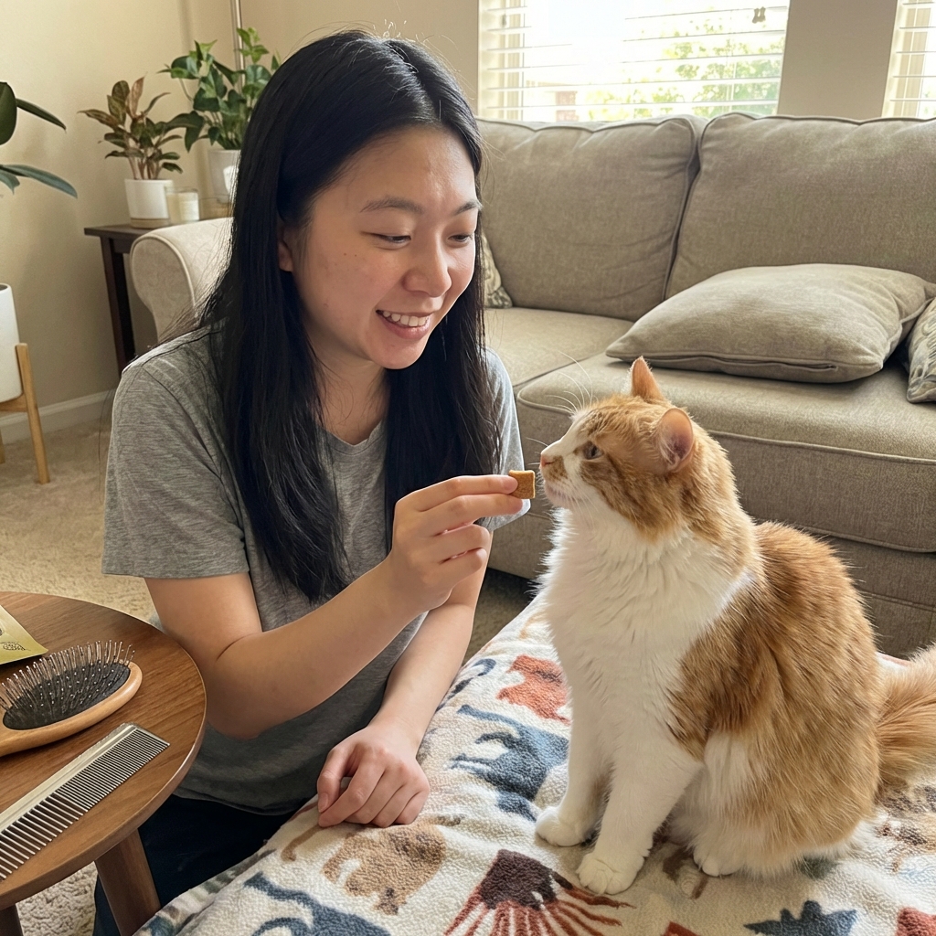 A photograph of a person offering a small treat to a cat after grooming, with the cat sitting calmly on a blanket