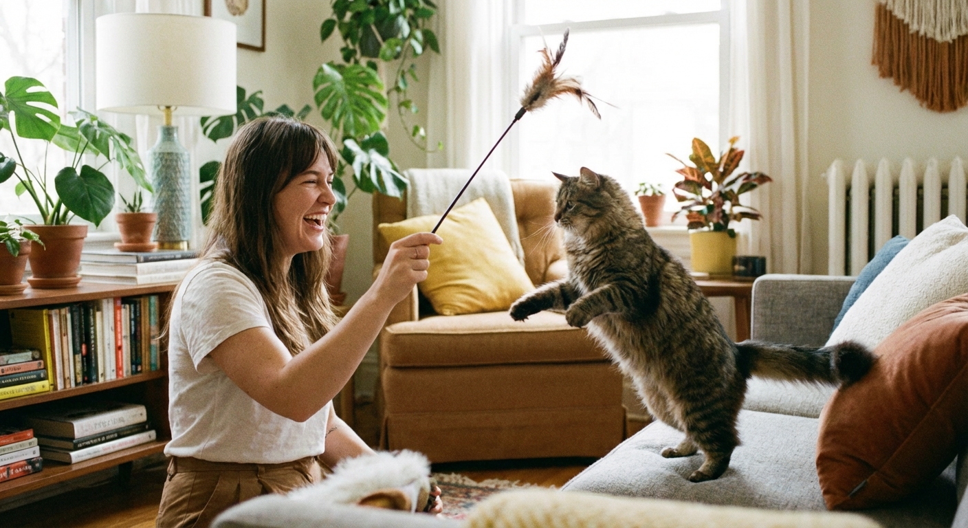 A photograph of a person playing with a cat using a feather wand toy in a living room