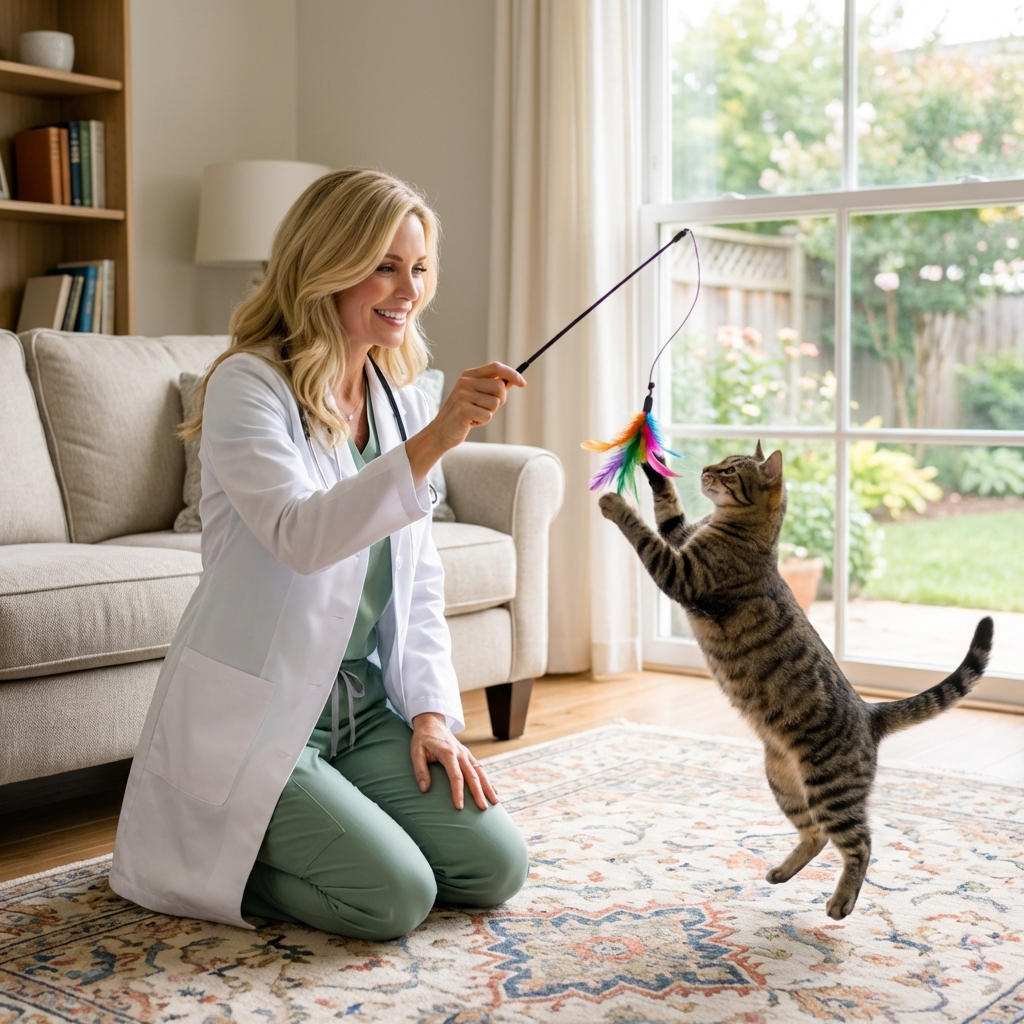 A photograph of a person playing with a cat using a feather wand toy in a living room.