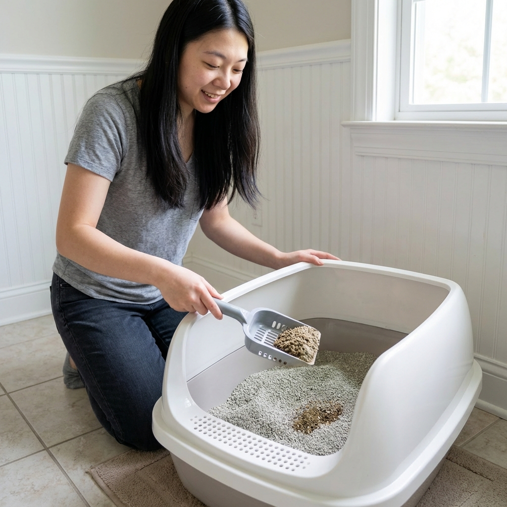 A photograph of a person scooping clumping cat litter in a clean litter box with a plastic scoop
