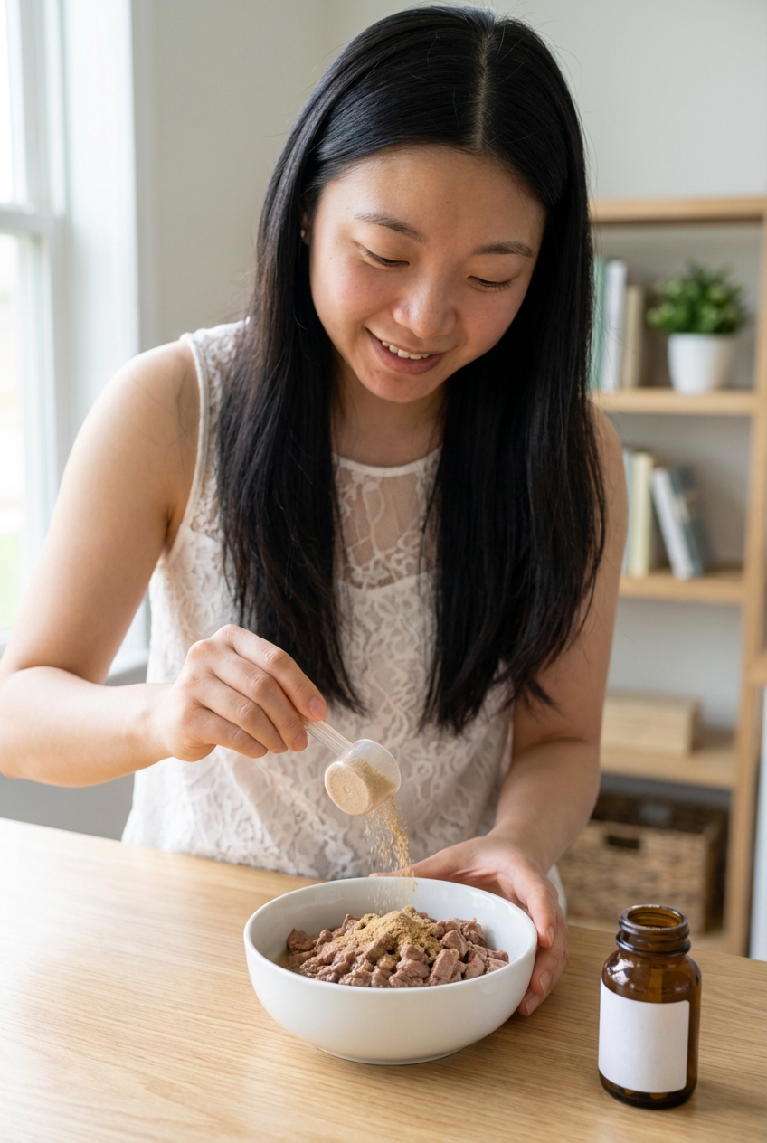 A photograph of a person sprinkling a powdered supplement onto wet cat food in a ceramic bowl on a countertop