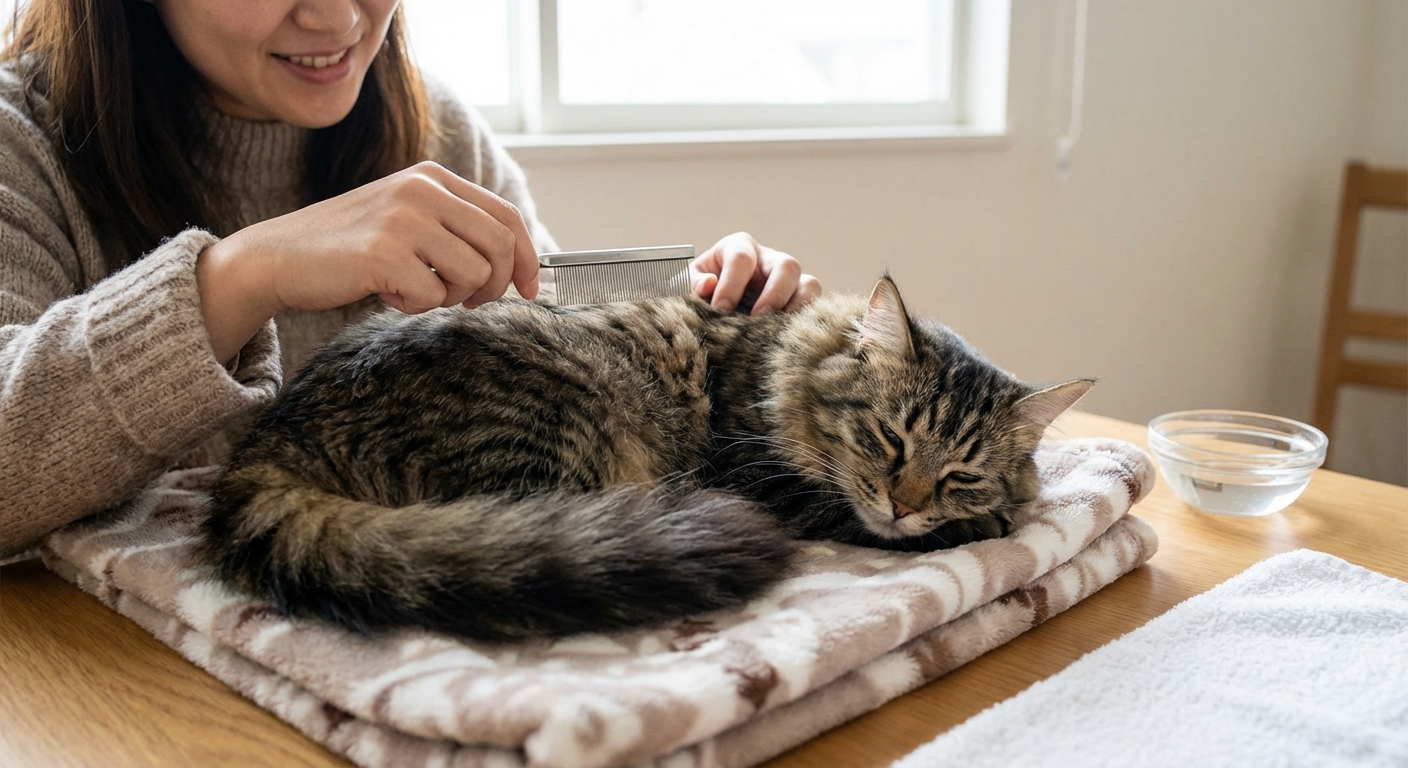 A photograph of a person using a fine-toothed flea comb on a cat’s fur while the cat rests calmly