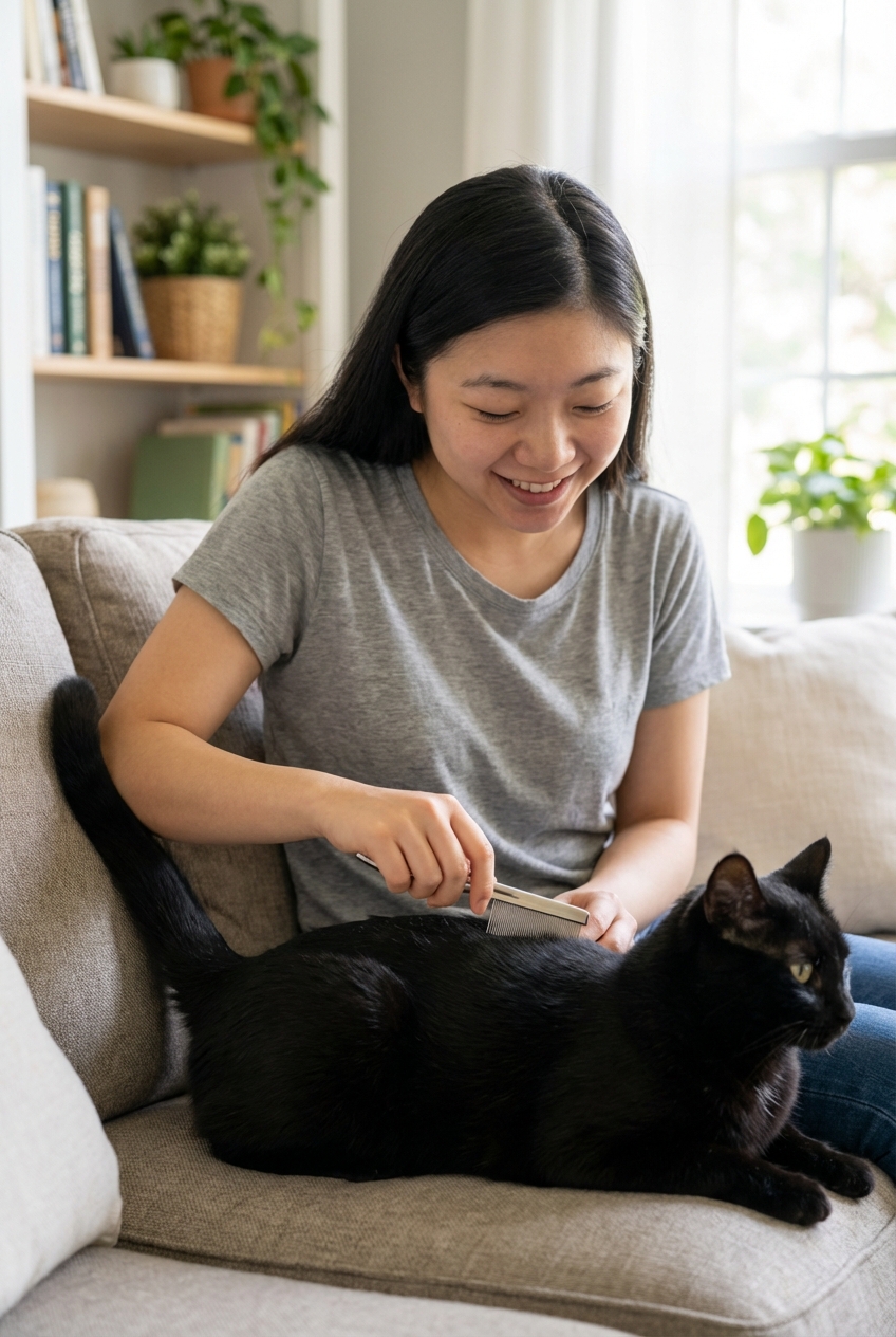 A photograph of a person using a flea comb on a black cat near the base of the tail on a couch