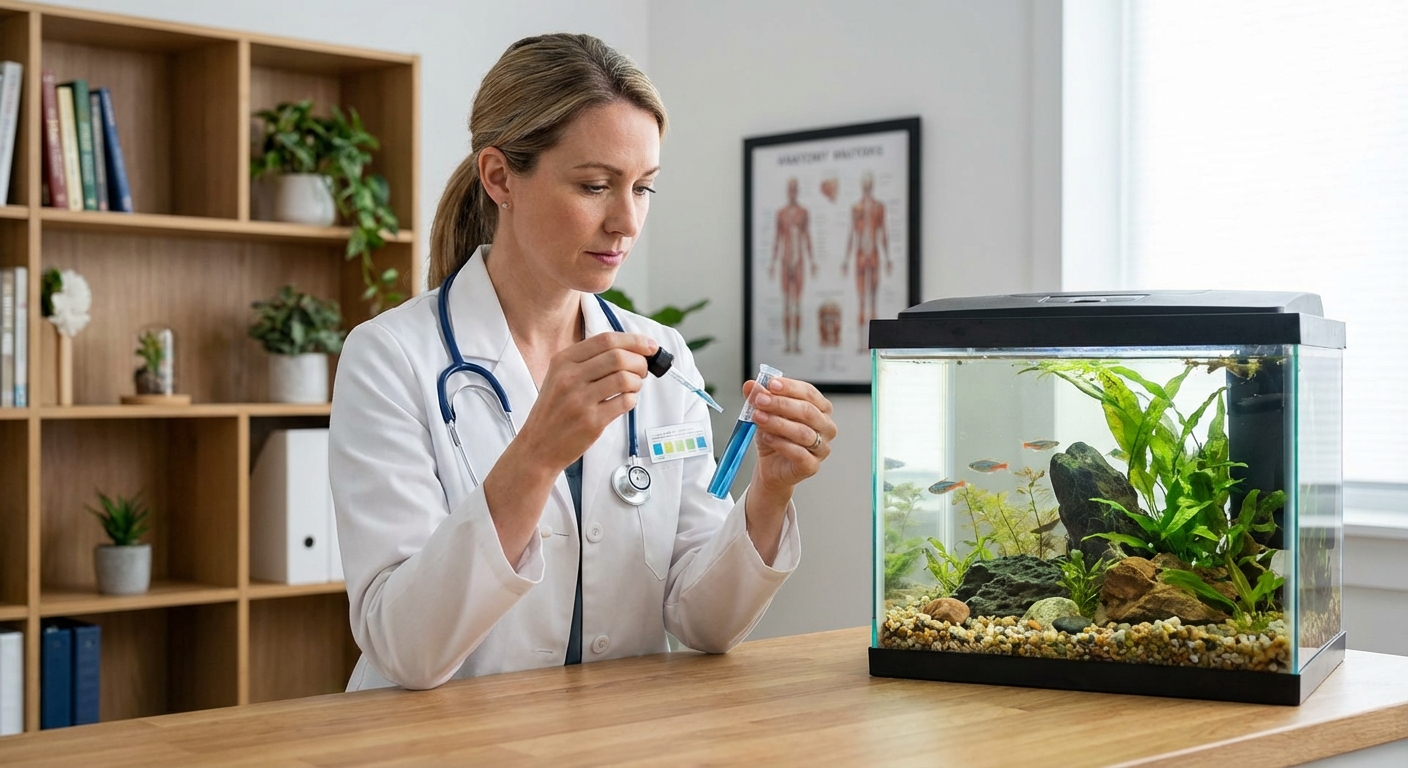 A photograph of a person using a liquid test kit next to a small freshwater aquarium on a countertop