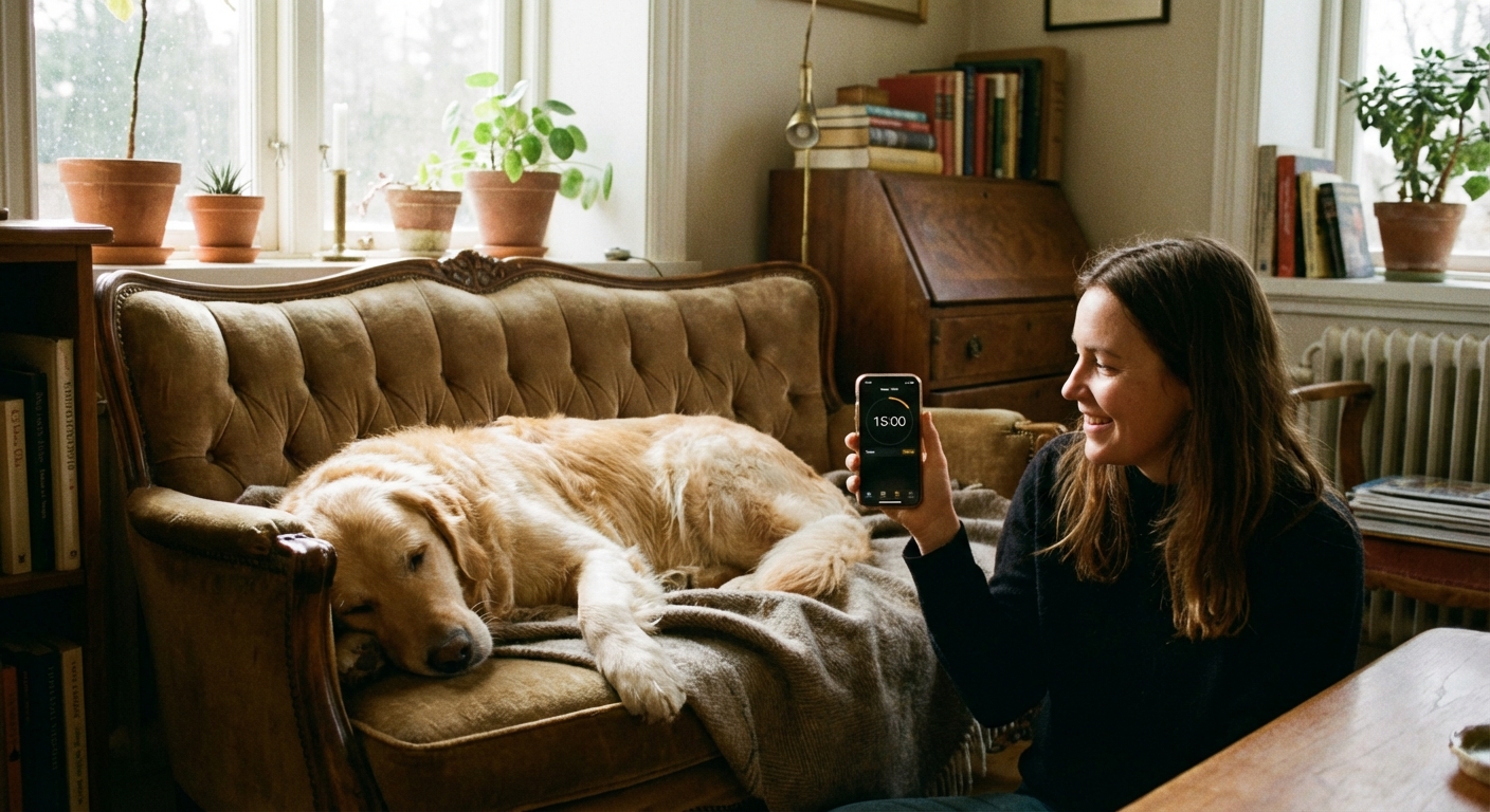 A photograph of a person using a smartphone timer while watching a dog resting calmly on a couch