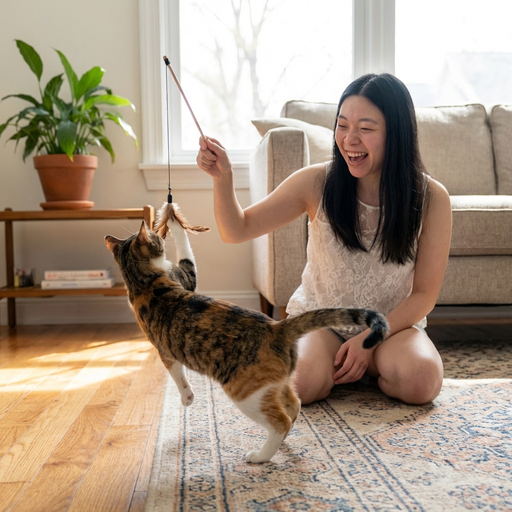 A photograph of a person using a wand toy to play with a tabby cat in a bright living room