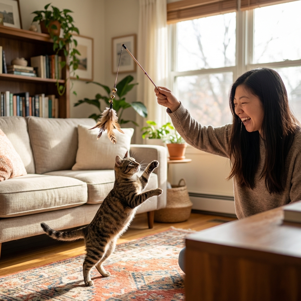 A photograph of a person using a wand toy to play with a cat in a living room
