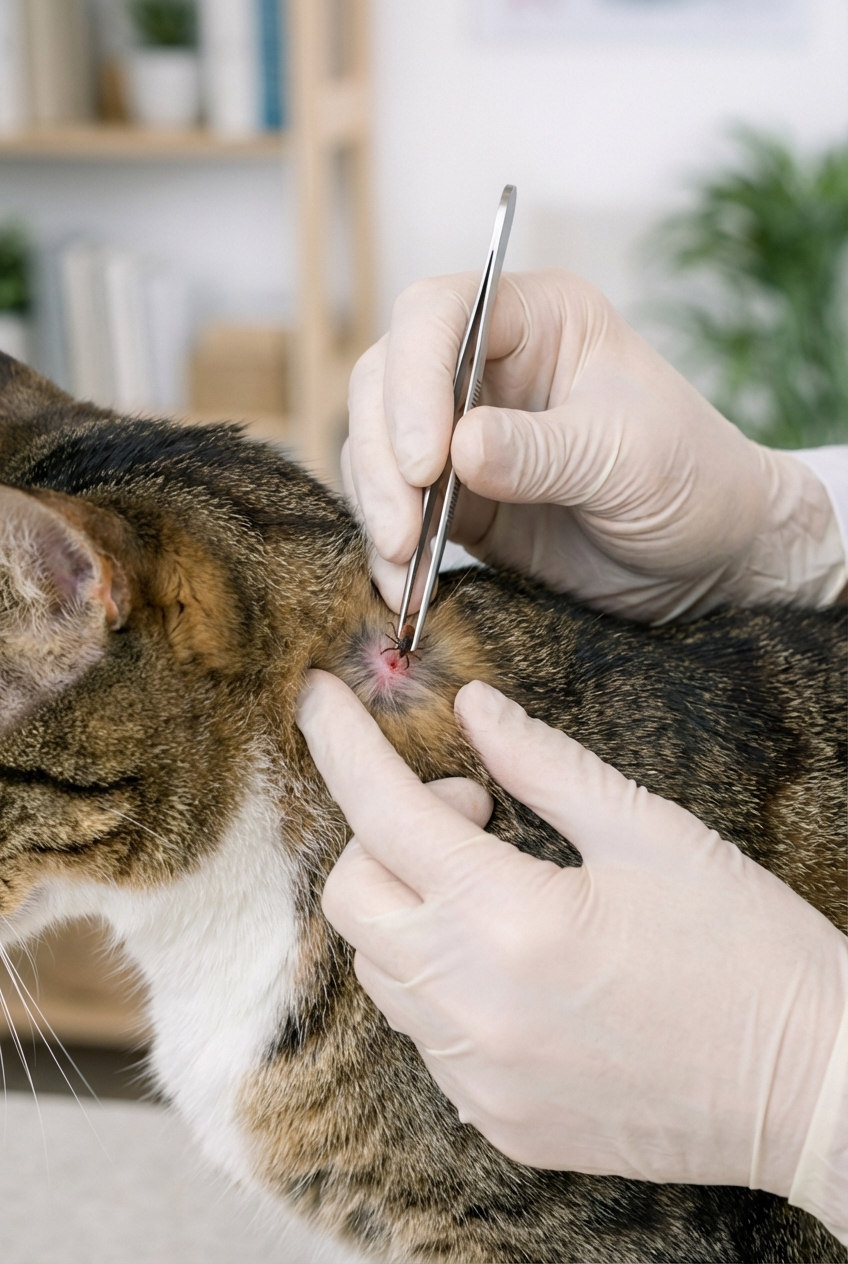 A photograph of a person using fine-tipped tweezers to pull a tick straight upward from a cat’s skin while gently holding the fur aside
