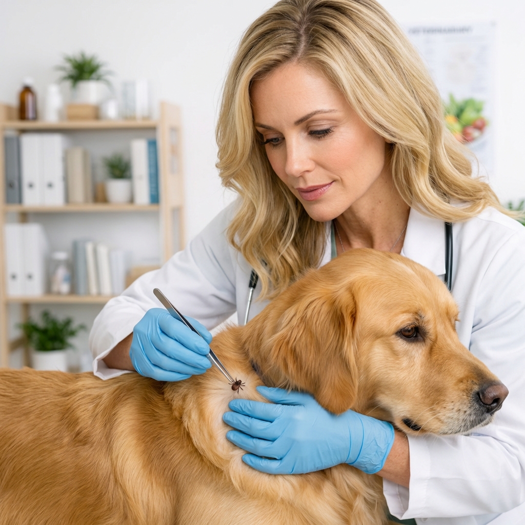 A photograph of a person using fine-tipped tweezers near a dog’s fur while parting the hair to remove a tick