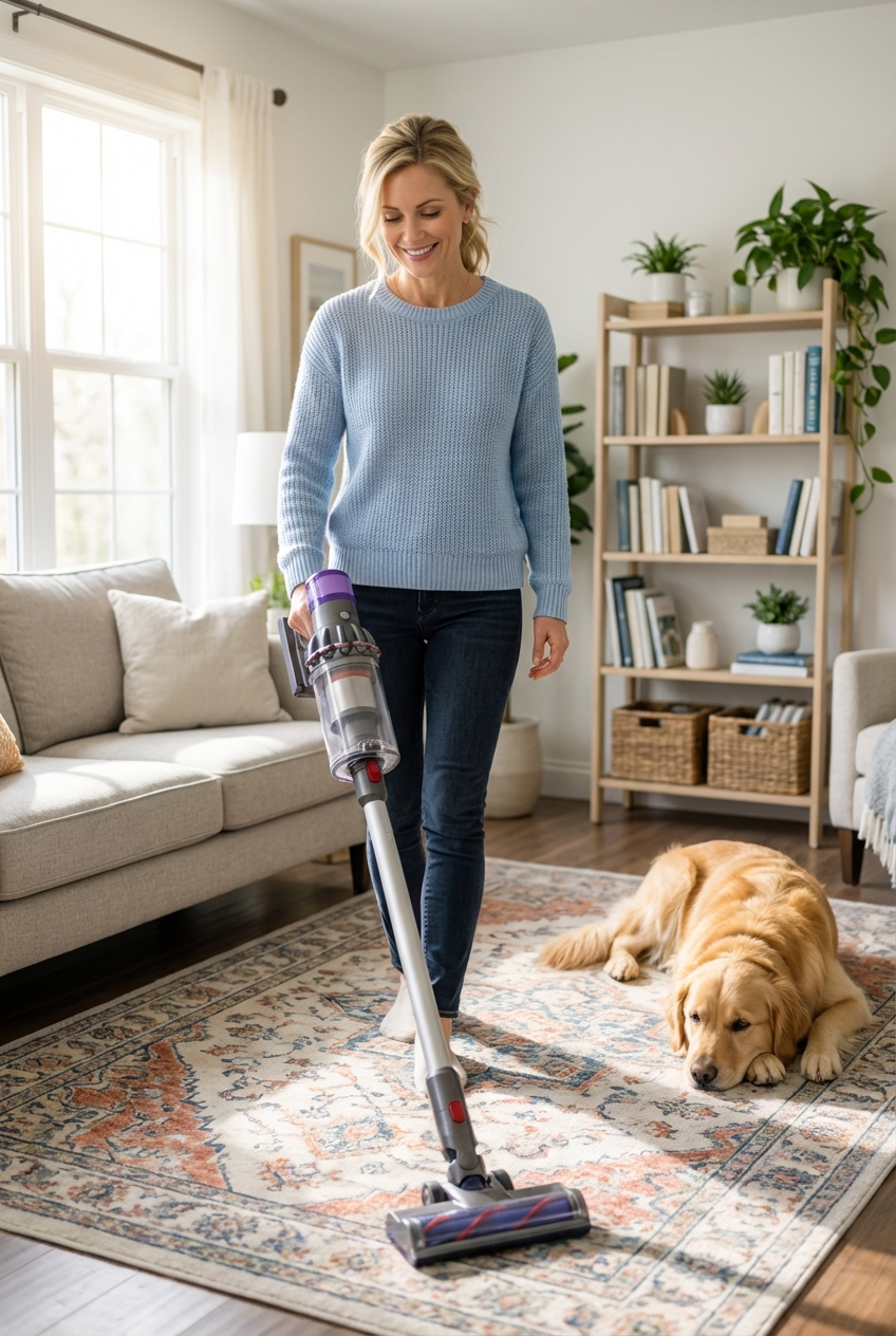 A photograph of a person vacuuming a living room rug while a dog rests nearby