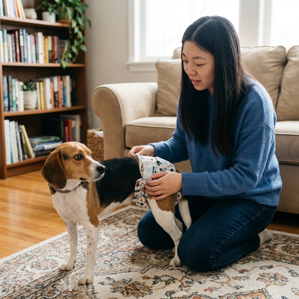 A photograph of a pet parent gently placing a washable dog diaper on a small dog indoors