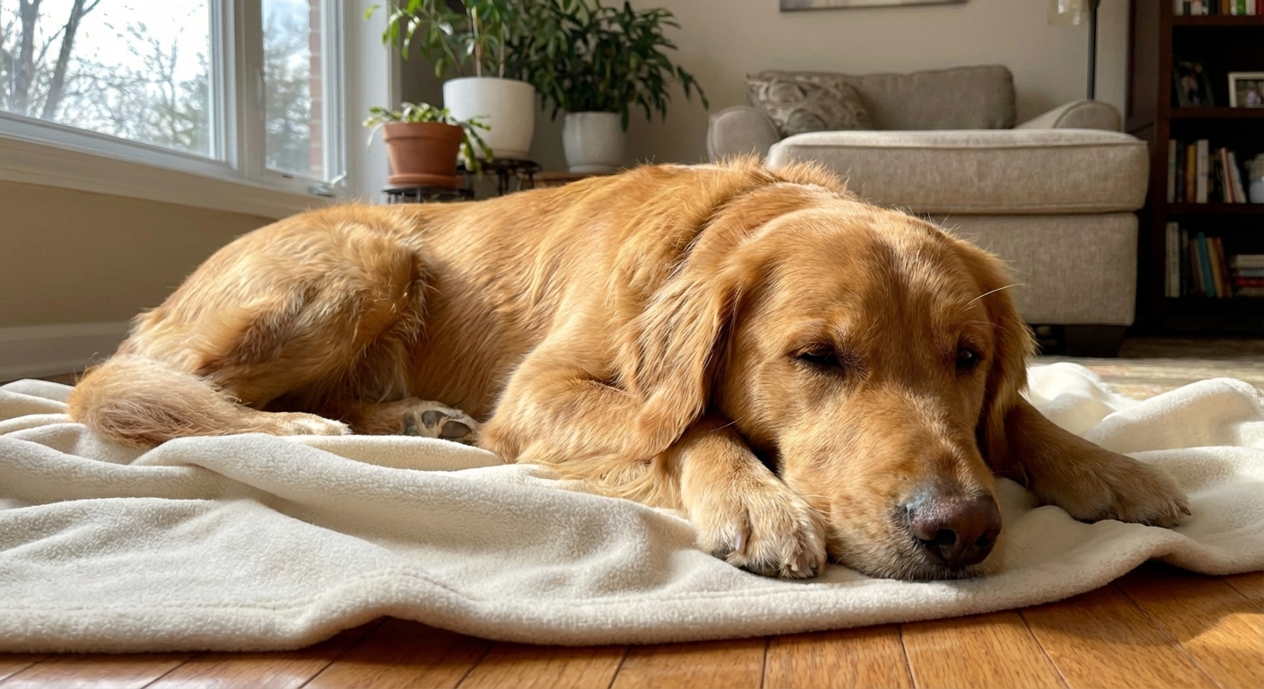 A photograph of a relaxed dog lying on a clean blanket in a bright living room