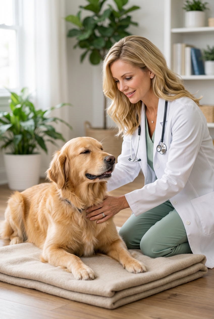 A photograph of a relaxed dog resting on a clean blanket while a person gently pets its shoulder