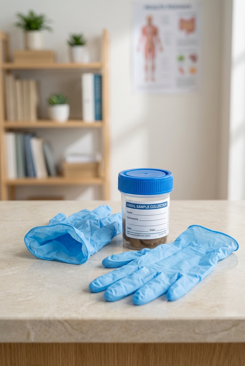 A photograph of a sealed stool sample container sitting on a countertop next to disposable gloves