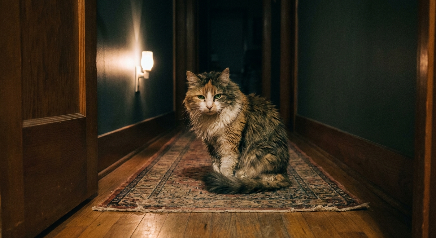A photograph of a senior cat sitting in a dim hallway at night with soft indoor lighting