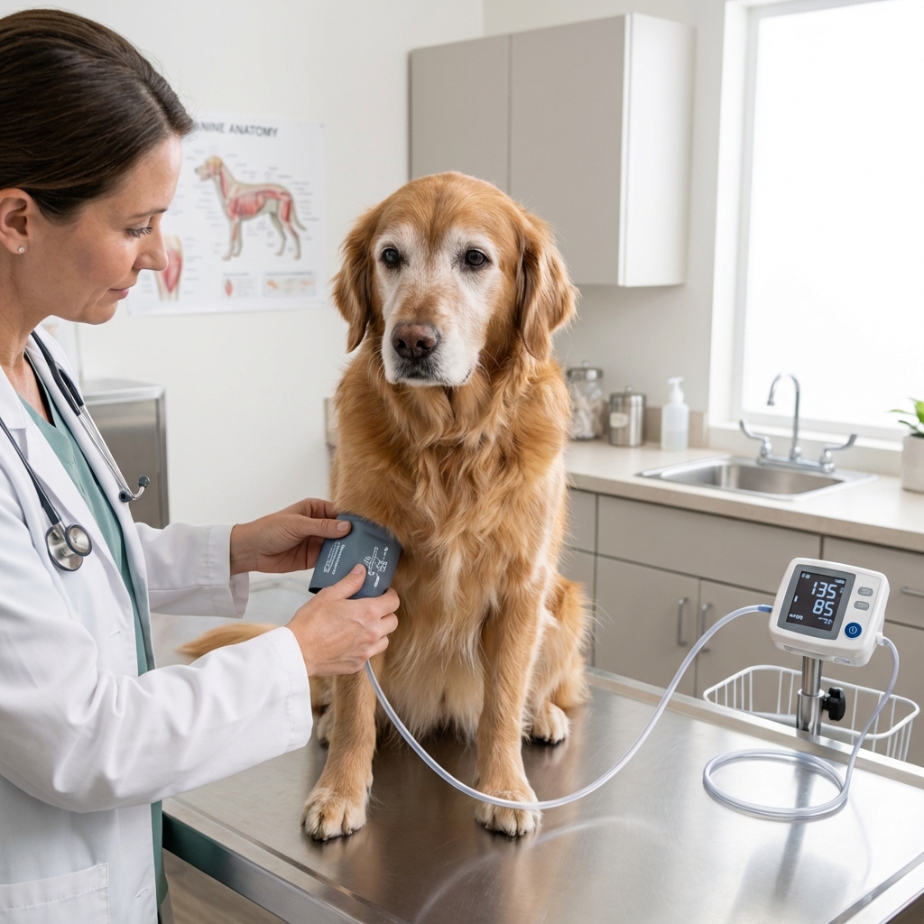 A photograph of a senior dog calmly having its blood pressure measured with a cuff on the front leg in a veterinary exam room