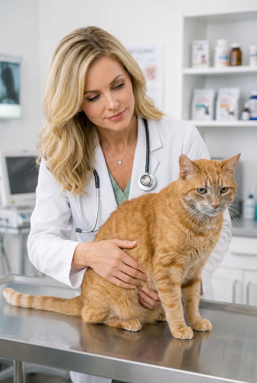 A photograph of a senior orange cat being gently examined by a veterinarian on a stainless steel exam table