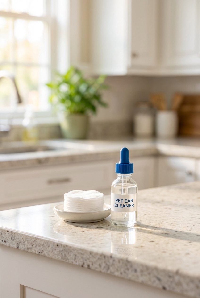 A photograph of a small bottle of pet ear cleaner and cotton rounds placed on a clean countertop in a bright kitchen