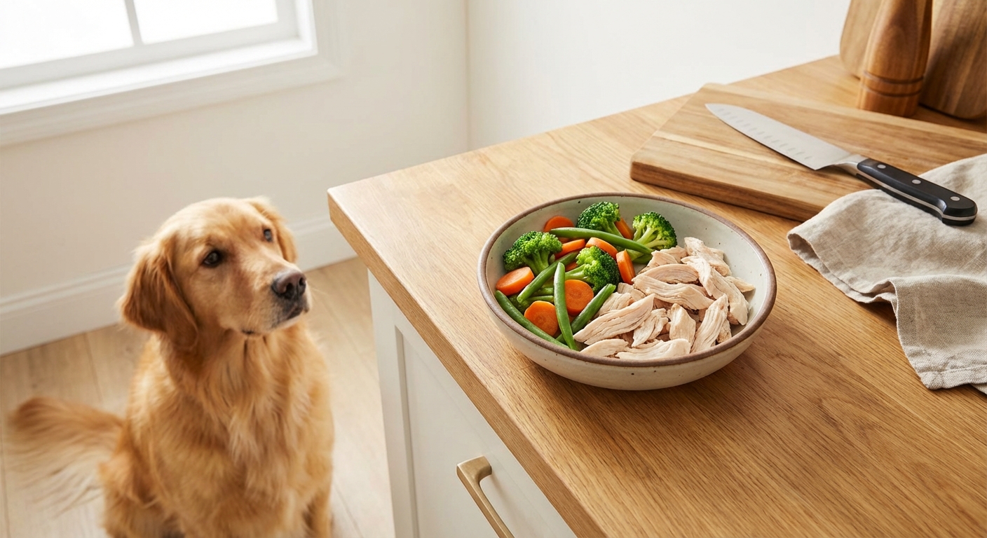 A photograph of a small bowl of cooked chicken and lightly steamed vegetables on a kitchen counter with a dog waiting nearby