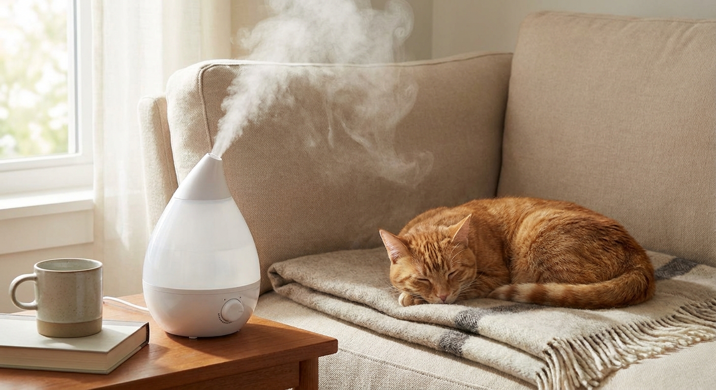A photograph of a small cool-mist humidifier running beside a sleeping cat on a couch